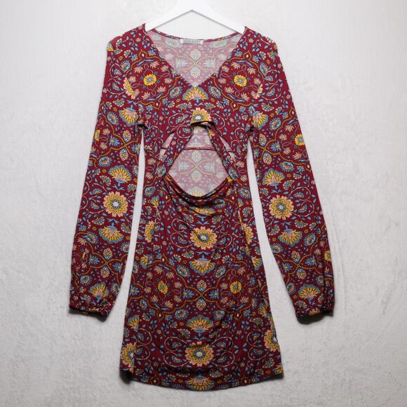 PATRONS OF PEACE Cut Out Paisley Floral Bohemian Mini Dress Stretch Jersey Retro - Picture 1 of 5